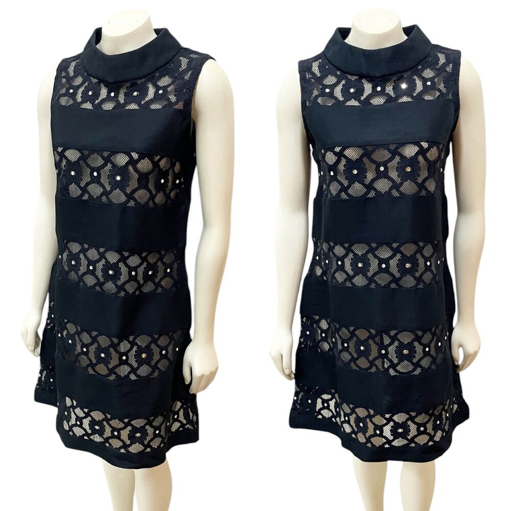 Vintage 1960s Black Lace Wool Dress with Crystals Striped